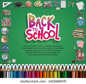 Back to School vector design with colorful education element in green background. vector illustration for first day school