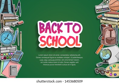 Back to School vector design with colorful education element in green background. vector illustration for first day school