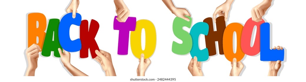 Back to school. Vector design with colorful letters holding hands close up.