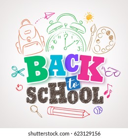 Back to school vector design with colorful title text surrounded by school elements drawing in white background. Vector illustration.
