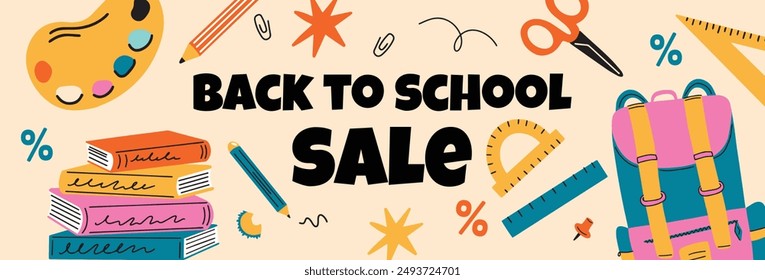 Zurück zur Schule Vektorgrafik Design Konzept Banner, Social Media Hintergrund, Flyer, Web, Shop Werbung, Shopping, Rabattangebot, Sale mit Schreibwaren Elemente Illustration in flachen Cartoon Retro Stil