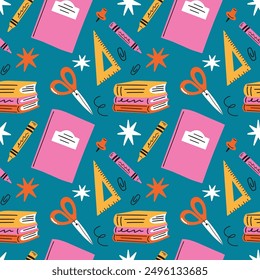 Back to school vector design concept seamless pattern. Background, web, store advertising, shopping, discount offer, sale with stationery elements illustration in flat cartoon retro style