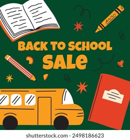 Back to school vector design concept banner, social media post template. Background, store advertising, shopping, discount offer, sale with stationery elements flat cartoon retro style illustration