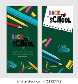 Back to school vector design concept with rocket made from pencils. modern design template with school accessories of poster and banner.
