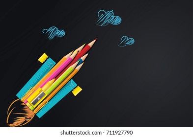 Back to school vector design concept with rocket made from pencils. modern design template with school accessories.