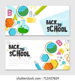 Back to school vector design concept with rocket made from pencils. modern design template with school accessories of poster and banner.