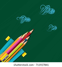 Back to school vector design concept with rocket made from pencils. modern design template with school accessories.