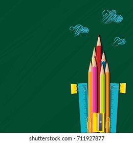 Back to school vector design concept with rocket made from pencils. modern design template with school accessories.