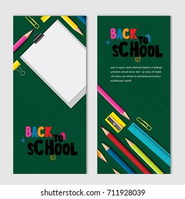 Back to school vector design concept with rocket made from pencils. modern design template with school accessories of poster and banner.