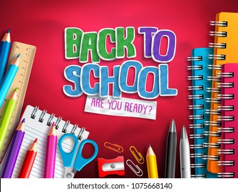 Back to school vector design with education elements, school supplies and colorful paper cut back to school text in red background. Vector illustration.