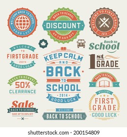 Back to school vector design elements collection. Typographic elements, vintage labels, frames, ribbons, cards, sale and clearance set. Flourishes and calligraphic retro ornaments. 