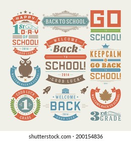 Back to school vector design elements collection. Typographic elements, vintage labels, frames, ribbons, cards, sale and clearance set. Flourishes and calligraphic retro ornaments. 