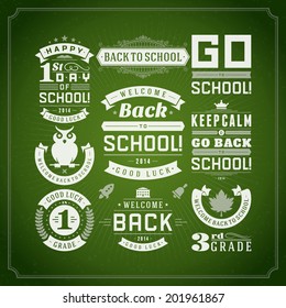 Back to school vector design elements collection. Typographic elements, vintage labels, frames, ribbons, cards, sale and clearance set. Flourishes and calligraphic retro ornaments. 