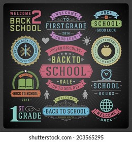 Back to school vector design elements collection. Typographic elements, vintage labels, frames, ribbons, cards, sale, object and icons set. Flourishes and calligraphic retro ornaments. 