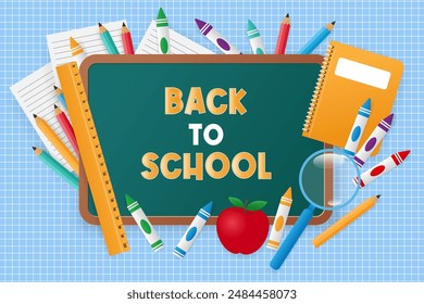 Back to school vector design. Green chalkboard with school stationery.