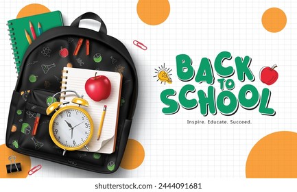 Back to school vector design. Back to school greeting text with fashionable black backpack, notebook, alarm clock and pencil elements for educational learning background. Vector illustration school 