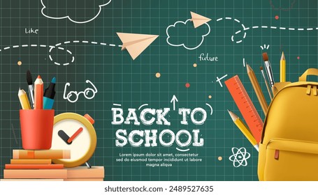 Back to school vector design. Back to school greeting text with backpack schoolbag, alarm clock, pencil and chalkboard educational elements. Vector illustration