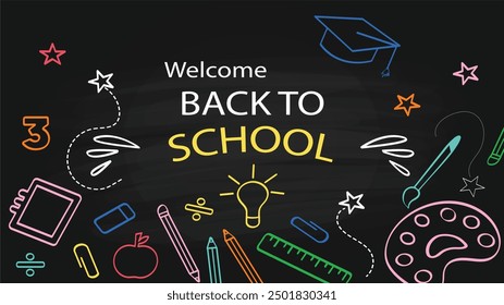 Back to school vector design. Back to school greeting text with backpack schoolbag, alarm clock, pencil and chalkboard educational elements. Vector illustration