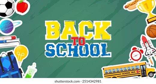 Back to school vector design. Back to school greeting text with backpack schoolbag, alarm clock, pencil and chalkboard educational elements. Vector illustration