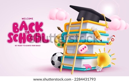 Back to school vector design. Back to school greeting text with educational books and graduation cap elements for success and graduation concept. Vector illustration greeting background.