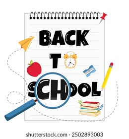 Back to school vector design on a white background. Vector illustration school with cute elements such as books, clock alarm, sharpener, pencil and an apple 