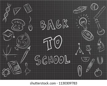 Back to school vector design paper cut style with 3d title and school items and elements inblack graph background. Vector illustration.