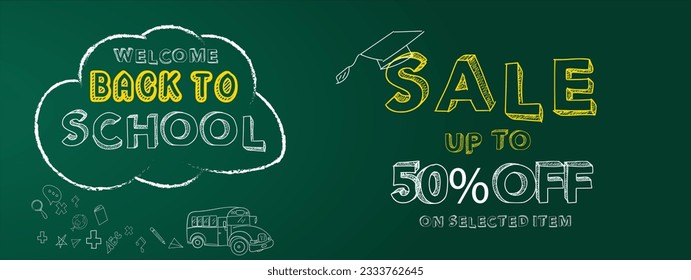 Back to school vector design sale. Welcome back to school in doodle hand drawn education icon with sale and discount drawing in chalkboard background. Vector Illustration.
