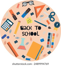 Back to school vector design with stationery items. Set of school supplies on background. 1st of September. Educational collection of isolated objects