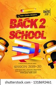 Back to school vector design template, banner, poster education discount promotion with text and colorful school items in yellow paper textured background