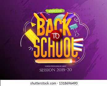 Back to school vector design template, banner, poster, School Items With Colored Pencils, Scissor, Pen and Ruler and 3d text in a purple Texture Background.