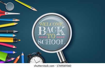Back to school vector design template, banner, poster, School Items With Colored Pencils, Pen and Ruler 