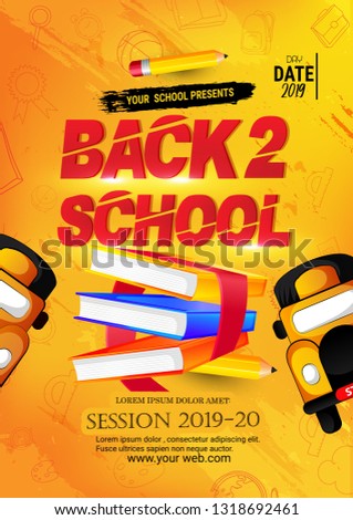 Back to school vector design template, banner, poster education discount promotion with text and colorful school items in yellow paper textured background