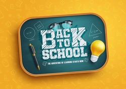 Back To School Vector Design. Back To School Text In Chalkboard Element With Light Bulb And Pen Educational Elements. Vector Illustration Back To School Concept.