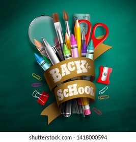 Back to school vector design. Back to school text in ribbon with colorful school supplies and elements in green chalkboard background. Vector illustration.
