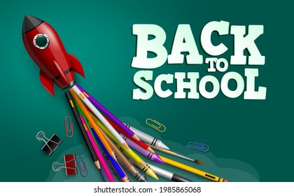 Back to school vector design. Back to school text with educational study elements like color pencil, crayon and clips in rocket toy launch for education activity background. Vector illustration
