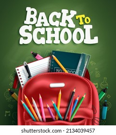 Back to school vector design. Back to school text in chalkboard background with backpack and educational supplies elements for study and learn education. Vector illustration.
