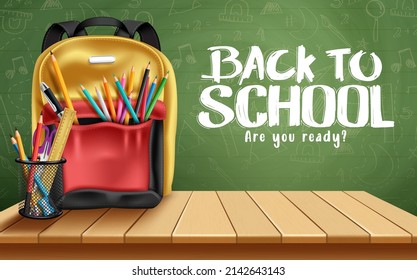 Back to school vector design. Back to school text in chalkboard background with backpack bag and color pencil items for kids educational learning. Vector illustration.
