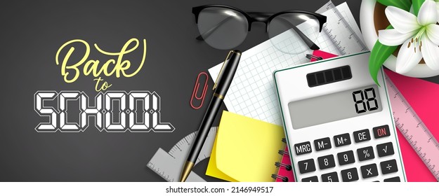 Back to school vector design. Back to school text with calculator, eyeglasses and ball pen in study elements for educational learning copy space decoration. Vector illustration.