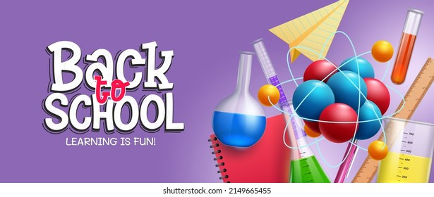 Back to school vector design. Back to school text with test tubes, beaker and science icon elements for educational science learning and laboratory activity. Vector illustration.
