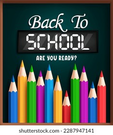 Back to school vector design. Back to school text with colorful color pencils in chalkboard elements background. Vector illustration education design.
