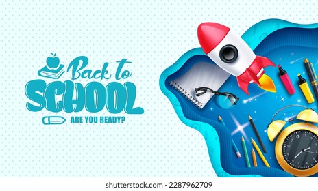 Back to school vector design. Back to school text with educational tools and supplies element for science and arts activity. Vector illustration in pattern background.