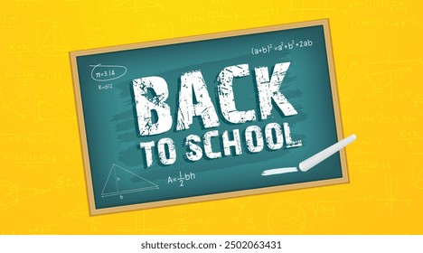 Back to school vector design. Back to school text in chalkboard element with white chalk and educational elements. Vector illustration back to school concept.