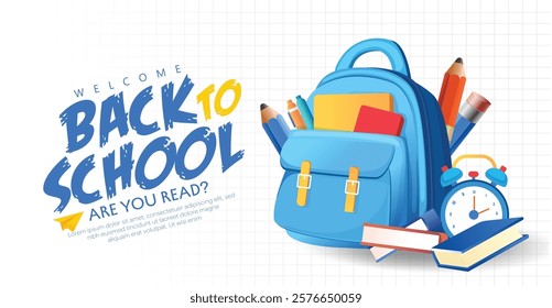 Back to school vector design. Back to school text, school supplies including a backpack, books, and pencils. Perfect for back-to-school themes, educational promotions, or learning-related designs.