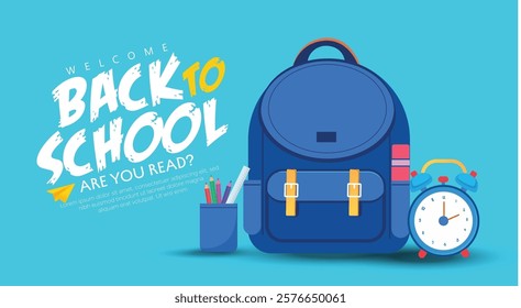 Back to school vector design. Back to school text, school supplies including a backpack, books, and pencils. Perfect for back-to-school themes, educational promotions, or learning-related designs.