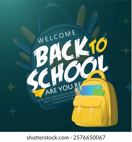 Back to school vector design. Back to school text, school supplies including a backpack, books, and pencils. Perfect for back-to-school themes, educational promotions, or learning-related designs.