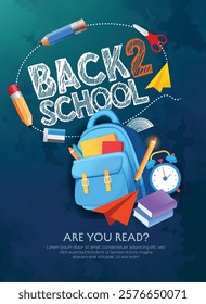 Back to school vector design. Back to school text, school supplies including a backpack, books, and pencils. Perfect for back-to-school themes, educational promotions, or learning-related designs.