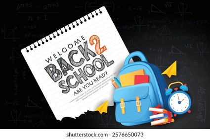 Back to school vector design. Back to school text, school supplies including a backpack, books, and pencils. Perfect for back-to-school themes, educational promotions, or learning-related designs.