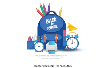 Back to school vector design. Back to school text, school supplies including a backpack, books, and pencils. Perfect for back-to-school themes, educational promotions, or learning-related designs.