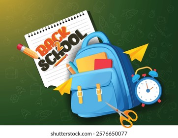 Back to school vector design. Back to school text, school supplies including a backpack, books, and pencils. Perfect for back-to-school themes, educational promotions, or learning-related designs.