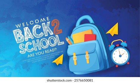 Back to school vector design. Back to school text, school supplies including a backpack, books, and pencils. Perfect for back-to-school themes, educational promotions, or learning-related designs.